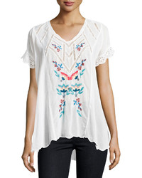 Johnny Was Vara Short Sleeve Embroidered Blouse White