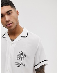 ASOS DESIGN Relaxed Fit Revere Collar Viscose Shirt With Palm Embroidery In White