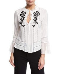 Nanette Lepore Long Sleeve Embroidered Silk Blouse White