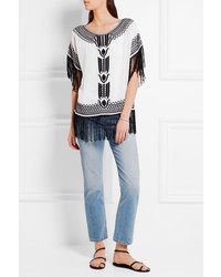 Alice + Olivia Natalie Fringed Embroidered Silk Georgette Top White