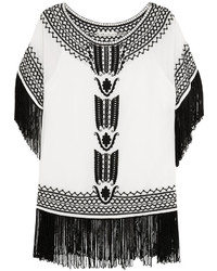 Alice + Olivia Natalie Fringed Embroidered Silk Georgette Top White