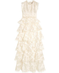Zimmermann Winsome Lace Trimmed Tieredembroidered Silk Maxi Dress Ivory