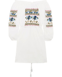 White Embroidered Silk Off Shoulder Dress