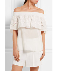 Tibi Car Off The Shoulder Embroidered Cotton And Silk Blend Top Ivory