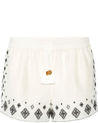 White Embroidered Silk Shorts