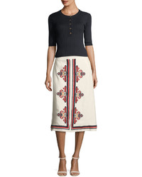 Tory Burch Florentina Embroidered Linen Midi Skirt