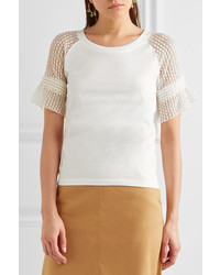 See by Chloe See By Chlo Embroidered Tulle Trimmed Cotton Jersey T Shirt Off White