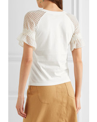 See by Chloe See By Chlo Embroidered Tulle Trimmed Cotton Jersey T Shirt Off White