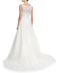 LM Collection Embroidered Bodice Sleeveless Tulle Gown White