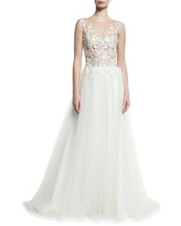 LM Collection Embroidered Illusion Bodice Gown White