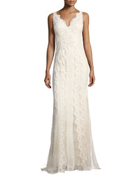 Faviana V Neck Lace Embroidered Dress W Tulle Inserts