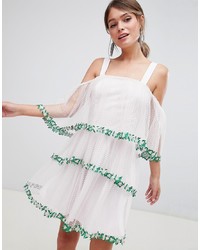 White Embroidered Tulle Fit and Flare Dress