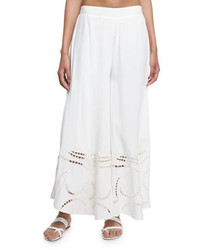 White Embroidered Wide Leg Pants