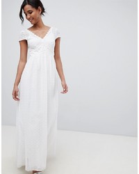 Little Mistress Allover Broderie Plunge Front Maxi Dress In White