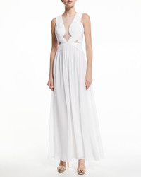 BCBGMAXAZRIA Sleeveless Gown Wmesh Inset White