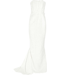 Lanvin Strapless Floral Brocade Linen Blend Gown Off White