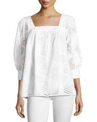 Milly Embroidered Cotton Eyelet Square Neck Top White