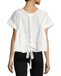 J.o.a. Lace Up Embroidered Eyelet Top White