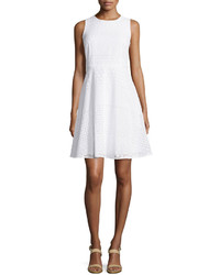 Neiman Marcus Sleeveless Eyelet Fit And Flare Dress White