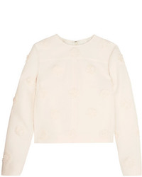 Valentino Floral Appliqud Wool And Silk Blend Crepe Top Ivory