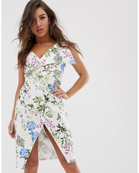 PrettyLittleThing Bodycon Midi Dress With Fold Front In White Floral