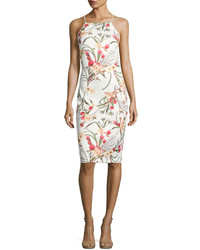Neiman Marcus Floral Print Body Con Scuba Dress Whitemulti