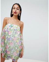 ASOS DESIGN Organza Print Dress With 3d Embellished Flowers