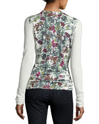 Neiman Marcus Cashmere Collection Superfine Floral Print Cashmere Crewneck Top