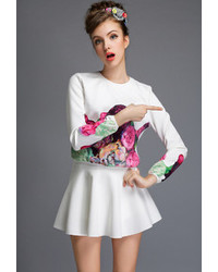 White Long Sleeve Floral Sweatshirt With Flare Skirt