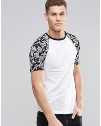Asos Brand Longline Muscle T Shirt With Monochrome Floral Raglan Sleeves