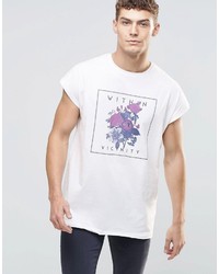 Asos Brand Oversized Sleeveless T Shirt With Floral Print And Raw Edge