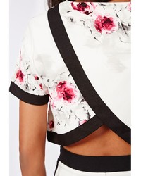 Missguided Olivera Floral Print Wrap Back Crop Top White