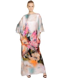 Floral Printed Silk Satin Caftan Dress