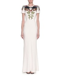 Alexander McQueen Medieval Floral Encrusted Short Sleeve Gown Ivory