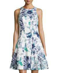 Maggy London Floral Sleeveless Fit  Flare Dress Soft Whitegrey