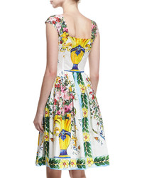 Dolce & Gabbana Floral Vase Cap Sleeve Fit Flare Dress
