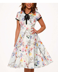 White Blue Floral Tie Accent Fit Flare Dress