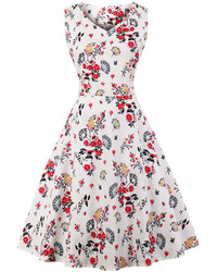White Green Floral Fit Flare Dress