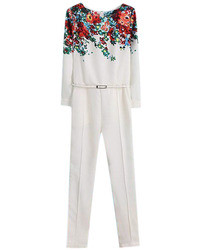Romwe Floral Print Belted White Jumpsuit