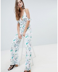 Oh My Love Printed Cold Shoulder Jumpsuit With Frill Detail