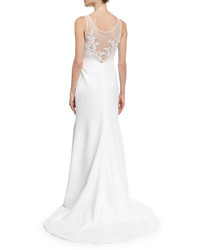 LM Collection Floral Embroidered Crepe A Line Gown White