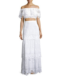 Miguelina Clarity Tiered Floral Lace Maxi Skirt Pure White