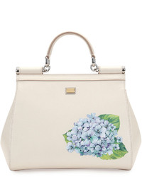 Dolce & Gabbana Sicily Medium Leather Floral Embellished Satchel Bag White