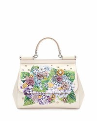 Dolce & Gabbana Sicily Medium Leather Floral Embellished Satchel Bag White