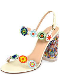 White Floral Leather Heeled Sandals