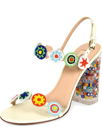 Valentino Beaded Leather Sandal With Floral Lucite Heel Light Ivory
