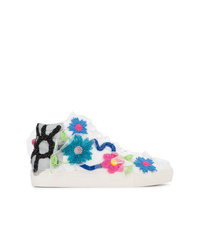 White Floral Leather High Top Sneakers