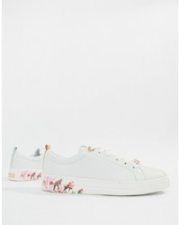 White Floral Leather Low Top Sneakers