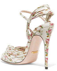 Gucci Knotted Floral Print Leather Sandals White