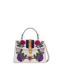 Gucci White Embroidered Sylvie Medium Tote Bag